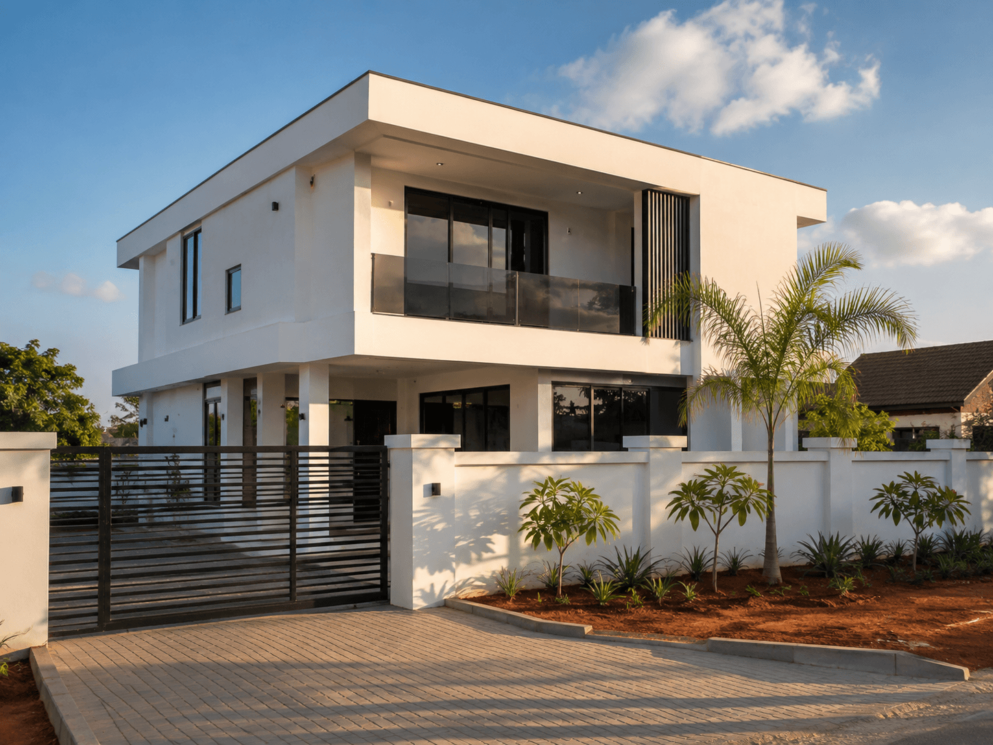 A newly built two-storey white house in Ghana behind a sliding metal gate, with palms and a paved driveway